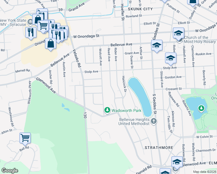 map of restaurants, bars, coffee shops, grocery stores, and more near 603 Wolcott Avenue in Syracuse