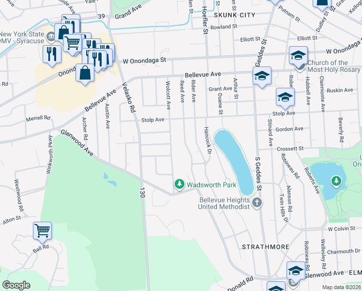 map of restaurants, bars, coffee shops, grocery stores, and more near 603 Wolcott Avenue in Syracuse