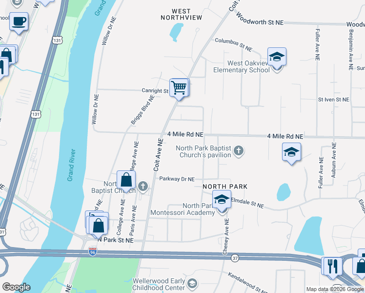 map of restaurants, bars, coffee shops, grocery stores, and more near 3520 Coit Avenue Northeast in Grand Rapids