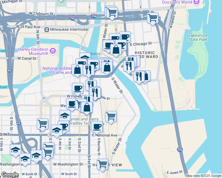 map of restaurants, bars, coffee shops, grocery stores, and more near 322 East Florida Street in Milwaukee