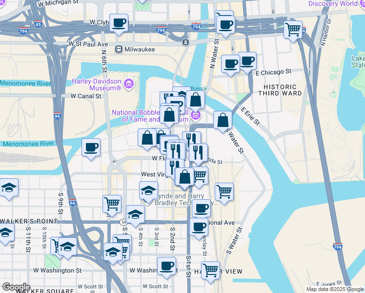 map of restaurants, bars, coffee shops, grocery stores, and more near 324 South 2nd Street in Milwaukee