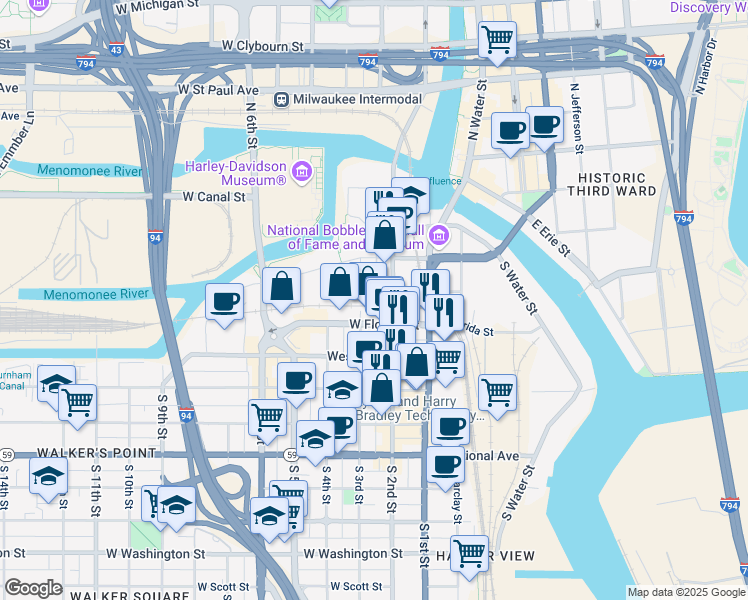 map of restaurants, bars, coffee shops, grocery stores, and more near 234 West Florida Street in Milwaukee