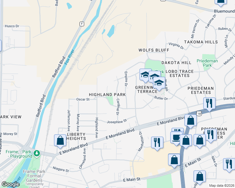 map of restaurants, bars, coffee shops, grocery stores, and more near 1914 Cardinal Drive in Waukesha