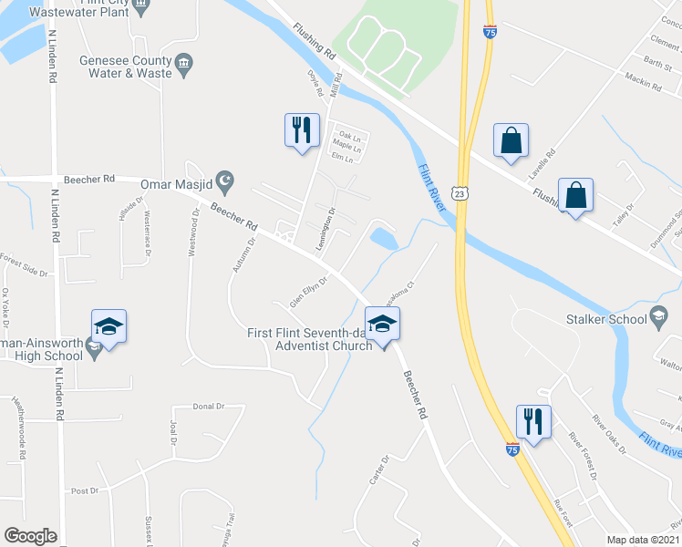 map of restaurants, bars, coffee shops, grocery stores, and more near 4376 Beecher Road in Flint
