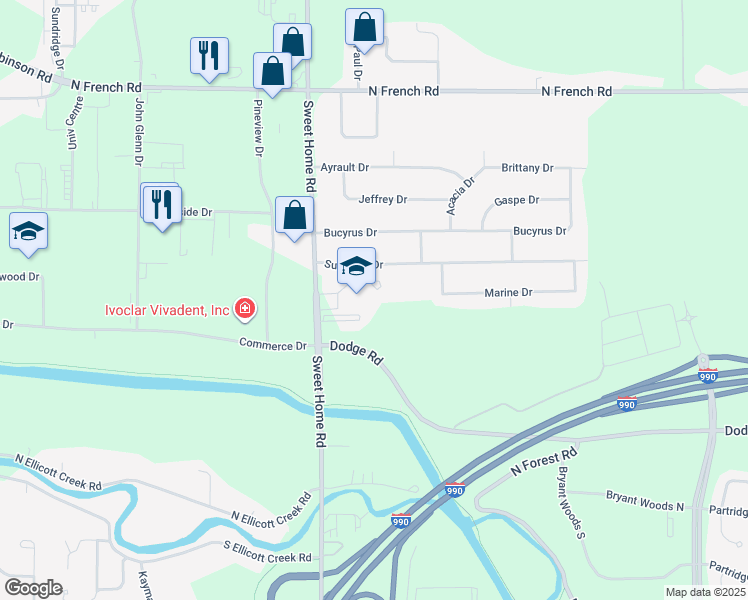map of restaurants, bars, coffee shops, grocery stores, and more near 2545 Sweet Home Road in Buffalo