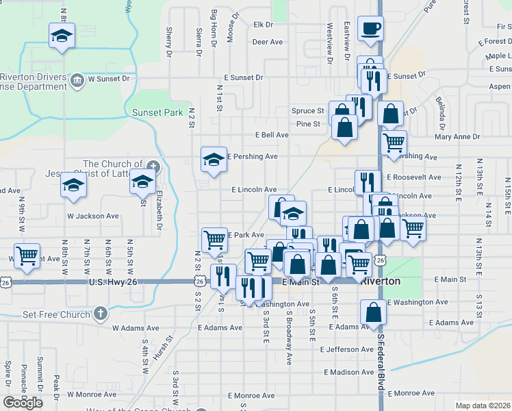 map of restaurants, bars, coffee shops, grocery stores, and more near 215 East Jackson Avenue in Riverton