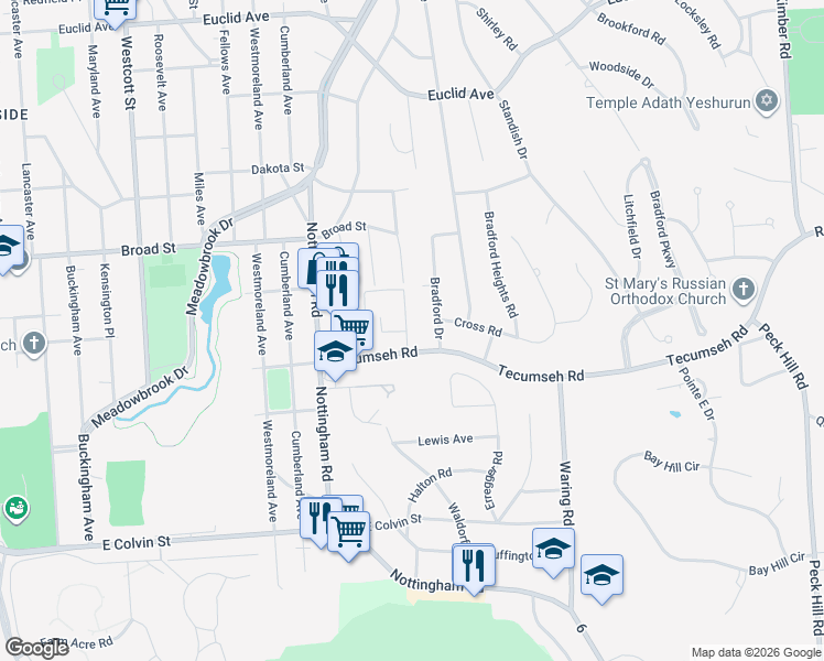 map of restaurants, bars, coffee shops, grocery stores, and more near 102 Croyden Lane in Syracuse