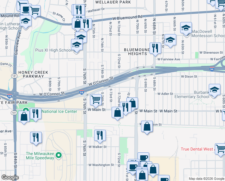 map of restaurants, bars, coffee shops, grocery stores, and more near 442 South 73rd Street in Milwaukee