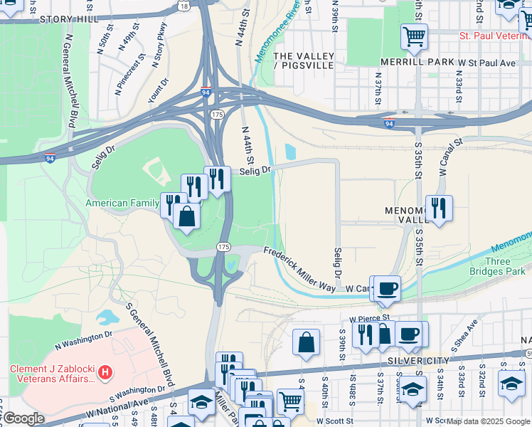 map of restaurants, bars, coffee shops, grocery stores, and more near 1 Brewers Way in Milwaukee