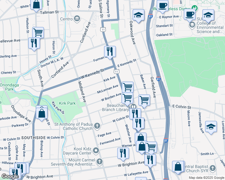 map of restaurants, bars, coffee shops, grocery stores, and more near 135 McLennan Avenue in Syracuse