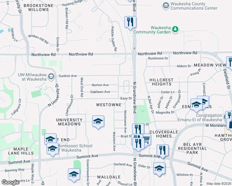 map of restaurants, bars, coffee shops, grocery stores, and more near 1312 Pleasant View Avenue in Waukesha