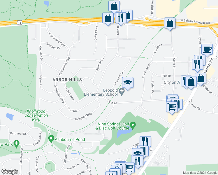 map of restaurants, bars, coffee shops, grocery stores, and more near 3207 Churchill Drive in Madison