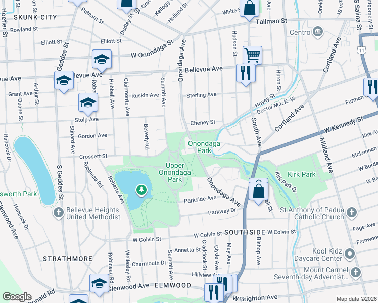 map of restaurants, bars, coffee shops, grocery stores, and more near 105 Eastview Avenue in Syracuse
