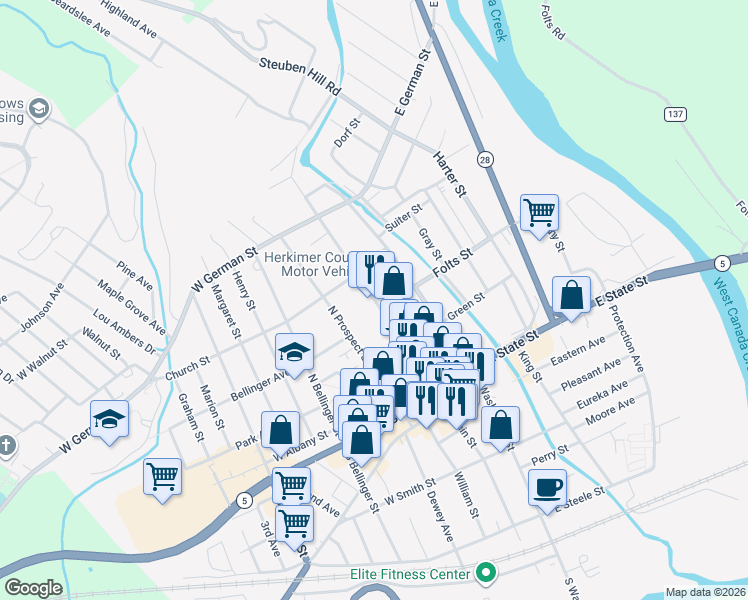 map of restaurants, bars, coffee shops, grocery stores, and more near 271 North Main Street in Herkimer