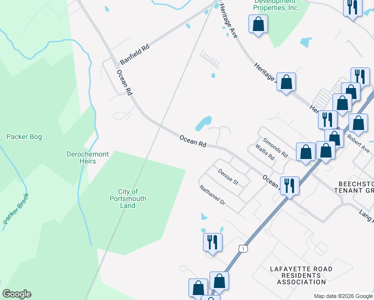 map of restaurants, bars, coffee shops, grocery stores, and more near 385 Ocean Road in Portsmouth