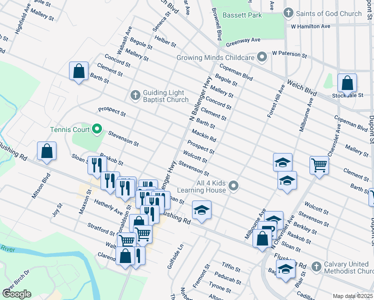 map of restaurants, bars, coffee shops, grocery stores, and more near 2835 Wolcott Street in Flint