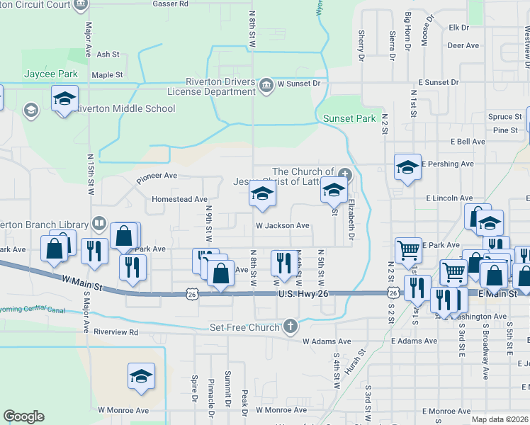 map of restaurants, bars, coffee shops, grocery stores, and more near 621 West Jackson Avenue in Riverton