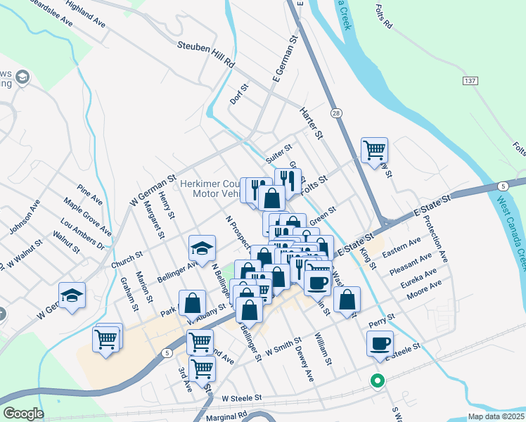 map of restaurants, bars, coffee shops, grocery stores, and more near 246 North Main Street in Herkimer
