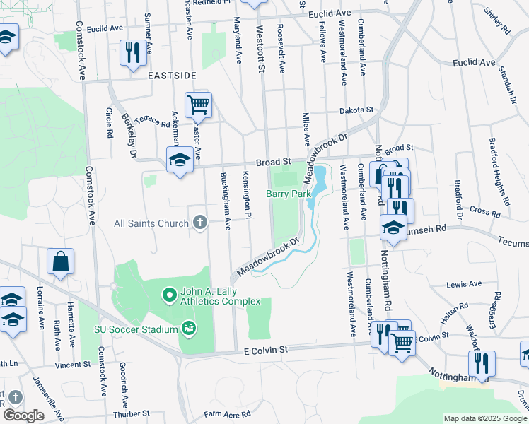 map of restaurants, bars, coffee shops, grocery stores, and more near 315 Kensington Place in Syracuse