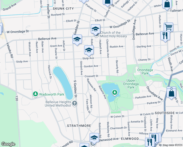 map of restaurants, bars, coffee shops, grocery stores, and more near 511 Roberts Avenue in Syracuse