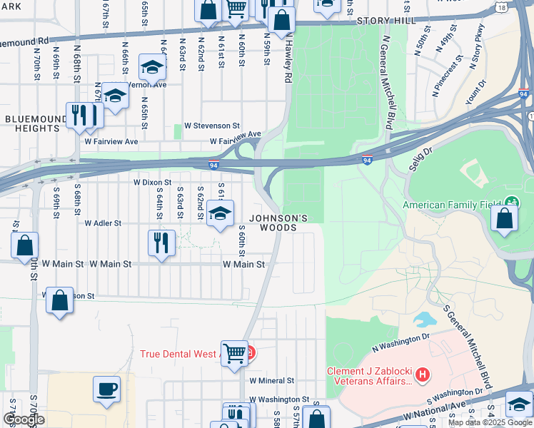 map of restaurants, bars, coffee shops, grocery stores, and more near 409 South Hawley Road in Milwaukee