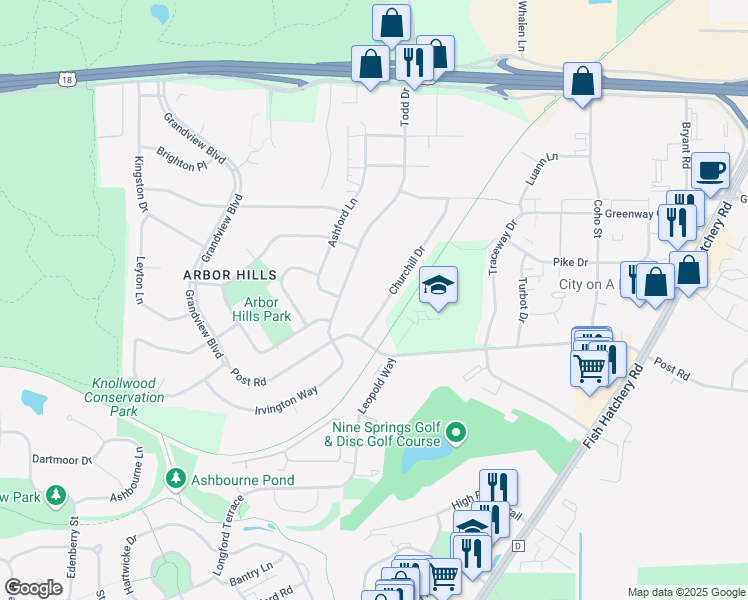 map of restaurants, bars, coffee shops, grocery stores, and more near 3207 Churchill Drive in Madison