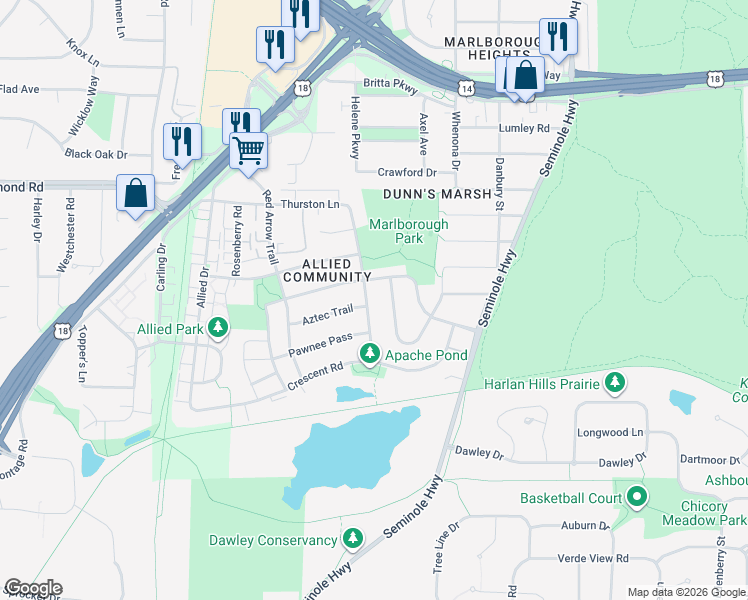 map of restaurants, bars, coffee shops, grocery stores, and more near 4502 Pawnee Pass in Fitchburg