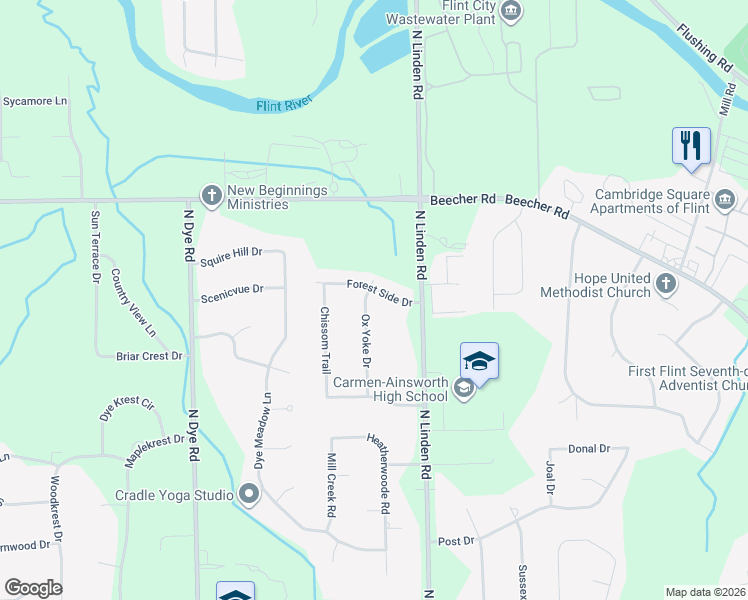 map of restaurants, bars, coffee shops, grocery stores, and more near 1422 Ox Yoke Drive in Flint