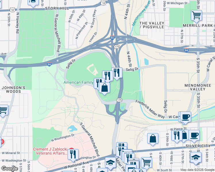 map of restaurants, bars, coffee shops, grocery stores, and more near 1 Brewers Way in Milwaukee