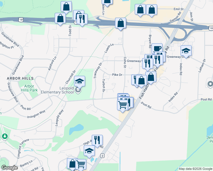 map of restaurants, bars, coffee shops, grocery stores, and more near 2960 Turbot Drive in Madison