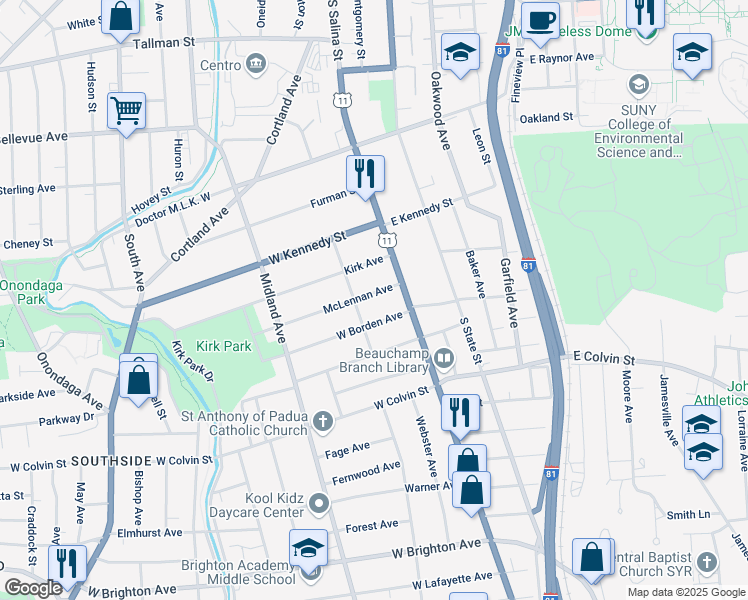 map of restaurants, bars, coffee shops, grocery stores, and more near 135 McLennan Avenue in Syracuse
