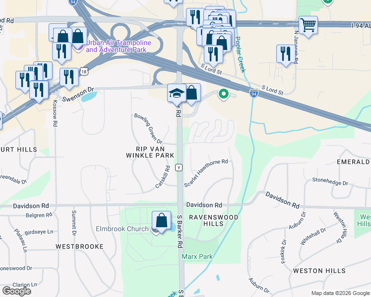 map of restaurants, bars, coffee shops, grocery stores, and more near 490 Catskill Road in Waukesha