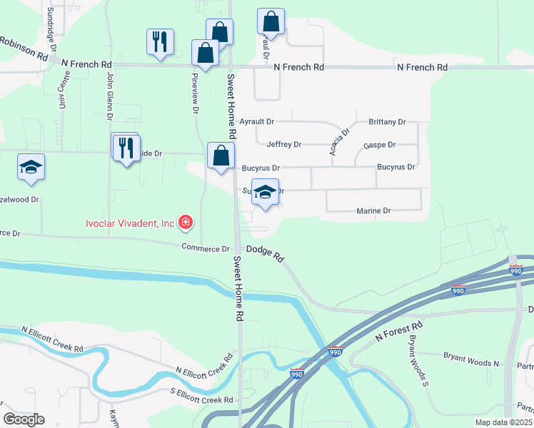 map of restaurants, bars, coffee shops, grocery stores, and more near 2545 Sweet Home Road in Buffalo