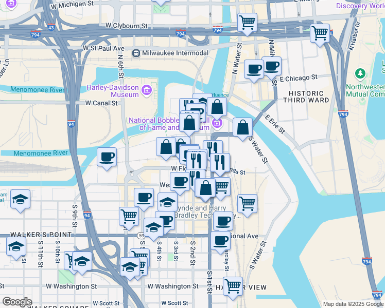 map of restaurants, bars, coffee shops, grocery stores, and more near 205 West Oregon Street in Milwaukee