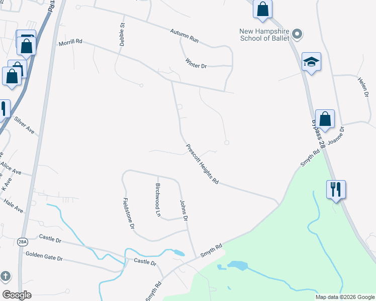map of restaurants, bars, coffee shops, grocery stores, and more near 40 Prescott Heights Rd in Hooksett