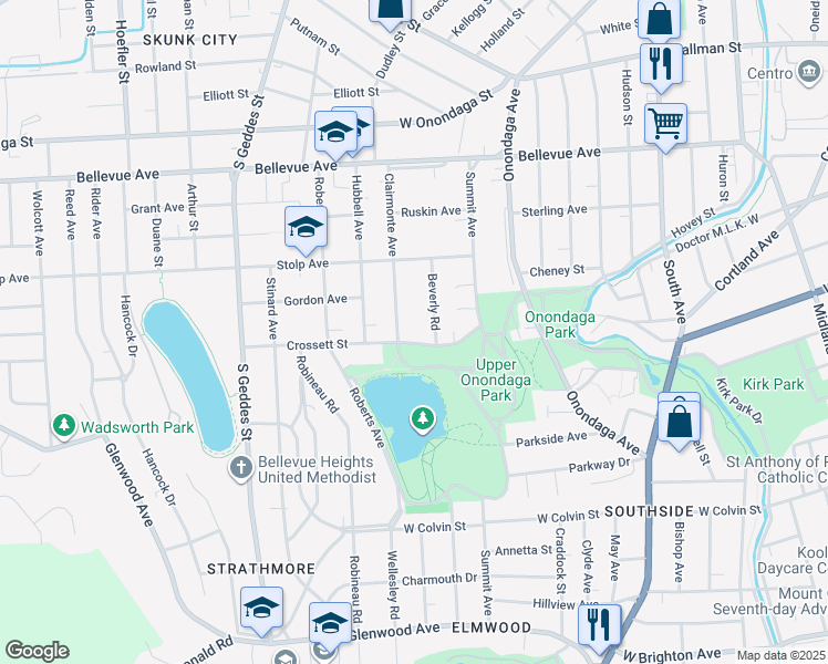 map of restaurants, bars, coffee shops, grocery stores, and more near 202 Crossett Street in Syracuse