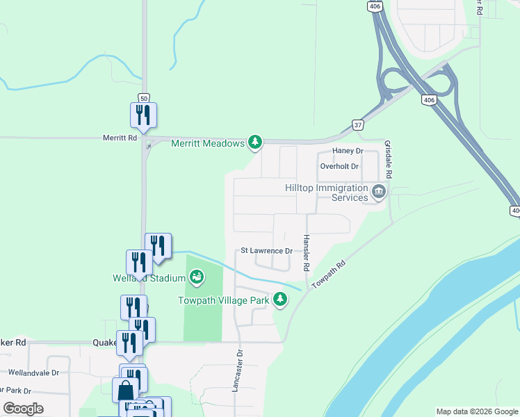 map of restaurants, bars, coffee shops, grocery stores, and more near 20 Secord Street in Thorold