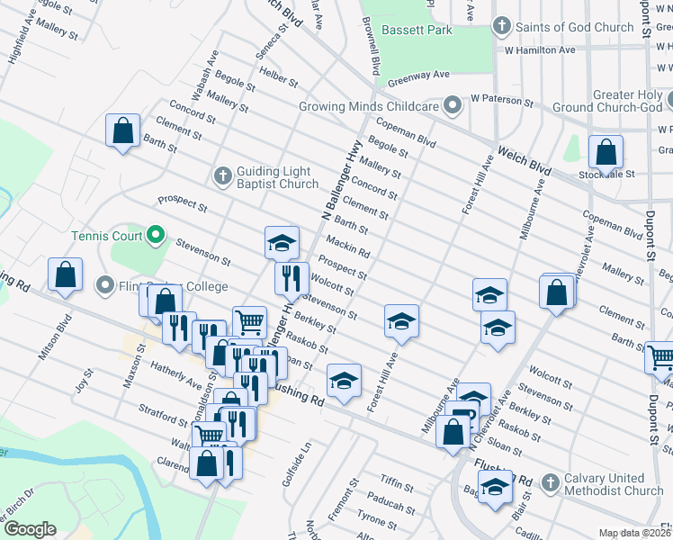 map of restaurants, bars, coffee shops, grocery stores, and more near 2833 Prospect Street in Flint
