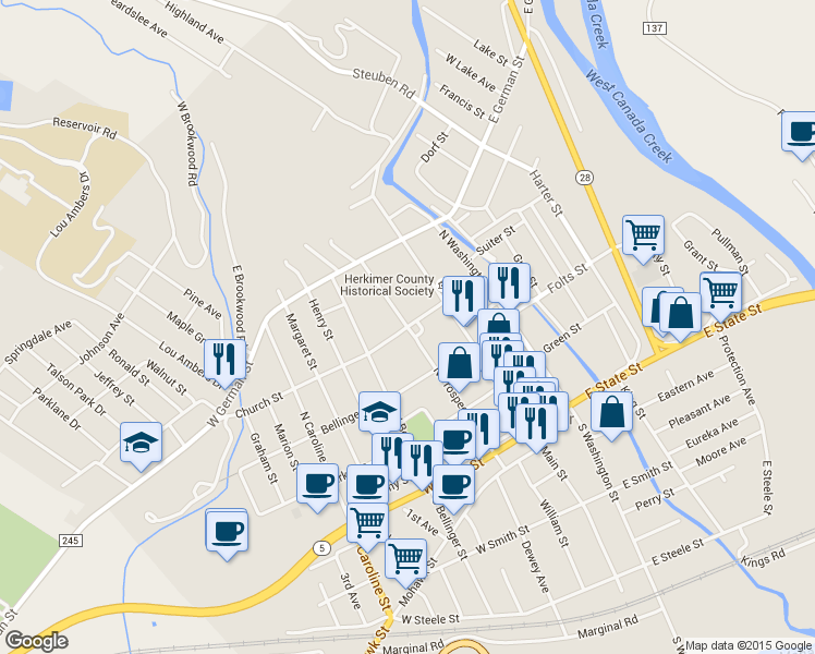 map of restaurants, bars, coffee shops, grocery stores, and more near Church Street & North Prospect Street in Herkimer
