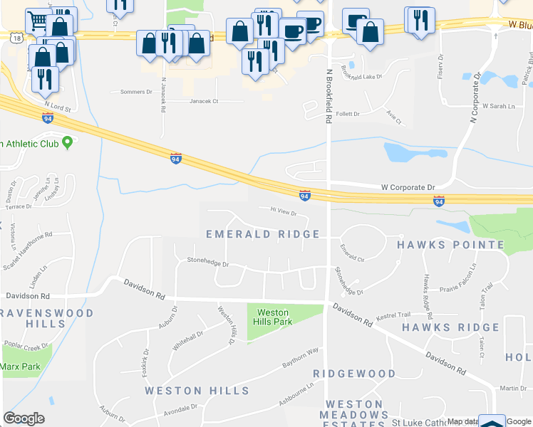 map of restaurants, bars, coffee shops, grocery stores, and more near 19115 Hi View Drive in Brookfield