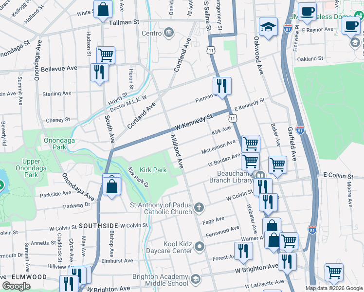 map of restaurants, bars, coffee shops, grocery stores, and more near 1027 Midland Avenue in Syracuse