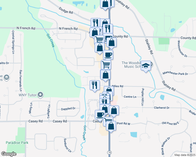 map of restaurants, bars, coffee shops, grocery stores, and more near 19 South Castlerock Lane in East Amherst