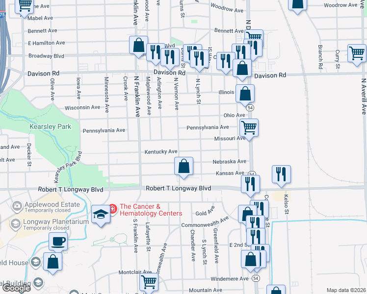 map of restaurants, bars, coffee shops, grocery stores, and more near 2209 Missouri Avenue in Flint