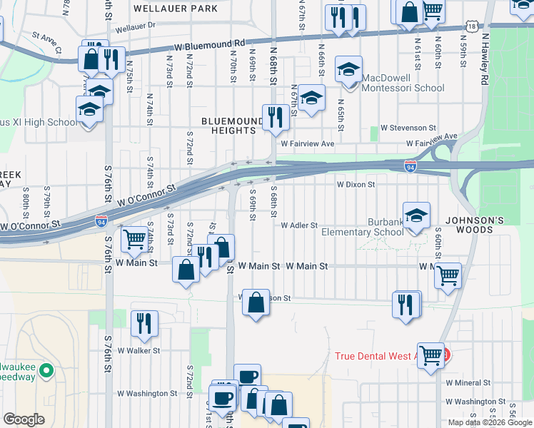 map of restaurants, bars, coffee shops, grocery stores, and more near 401 South 68th Street in Milwaukee