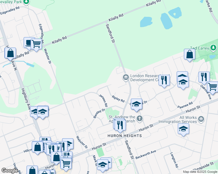 map of restaurants, bars, coffee shops, grocery stores, and more near 62 Ripley Road in London