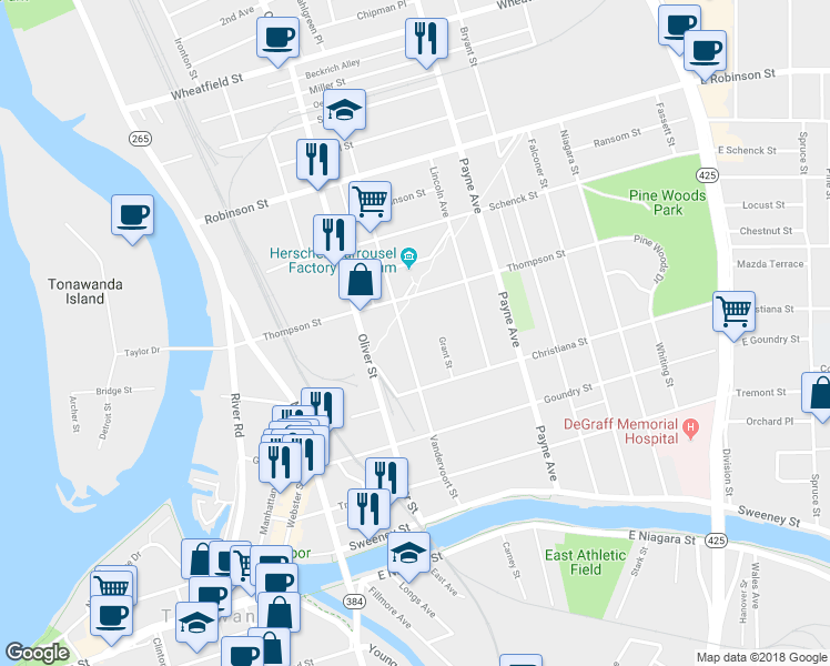 map of restaurants, bars, coffee shops, grocery stores, and more near 191 Vandervoort Street in North Tonawanda