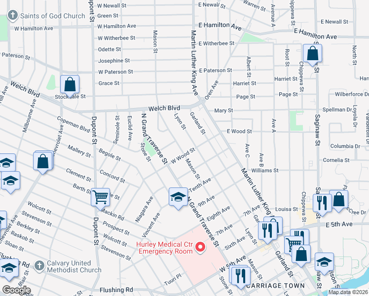 map of restaurants, bars, coffee shops, grocery stores, and more near 1516 Lyon Street in Flint