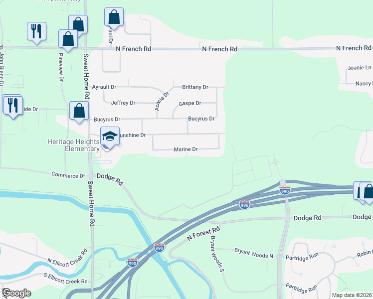 map of restaurants, bars, coffee shops, grocery stores, and more near 111 Marine Drive in Buffalo