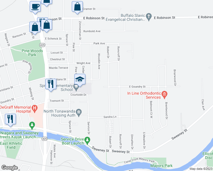 map of restaurants, bars, coffee shops, grocery stores, and more near 298 Robert Drive in North Tonawanda