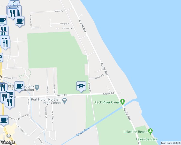 map of restaurants, bars, coffee shops, grocery stores, and more near 4100 Fairway Drive in Fort Gratiot charter Township